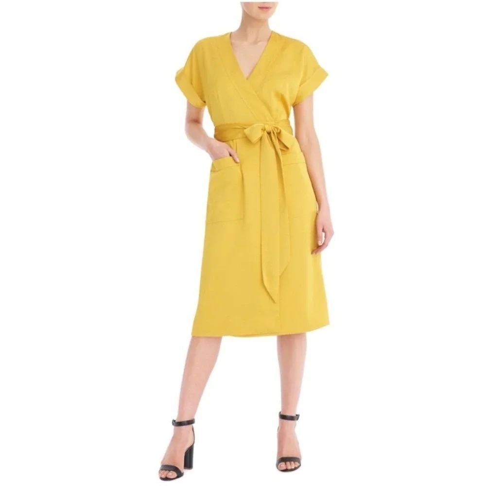 J. Crew Short Sleeve Wrap Dress in Satin Crepe Gold V Neck Front Pocket Size S